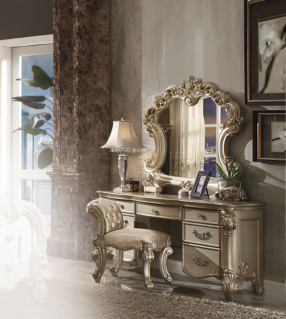 English Elm Gold Patina Rolled Back Vanity Stool with Button Tufting, Nailhead Trim & Scrolled Antique Legs B062P208997