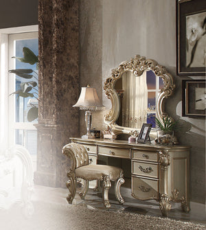 English Elm Gold Patina Rolled Back Vanity Stool with Button Tufting, Nailhead Trim & Scrolled Antique Legs B062P208997