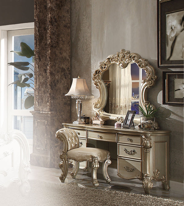 English Elm Gold Patina Rolled Back Vanity Stool with Button Tufting, Nailhead Trim & Scrolled Antique Legs B062P208997