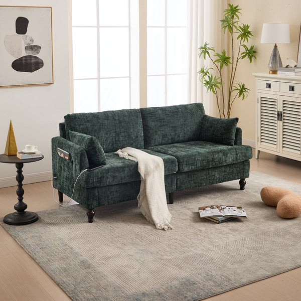 English Elm Modern chenille 2-seater sofa with LED lighting, USB charging, storage pocket, sturdy wood legs Emerald W395P318546