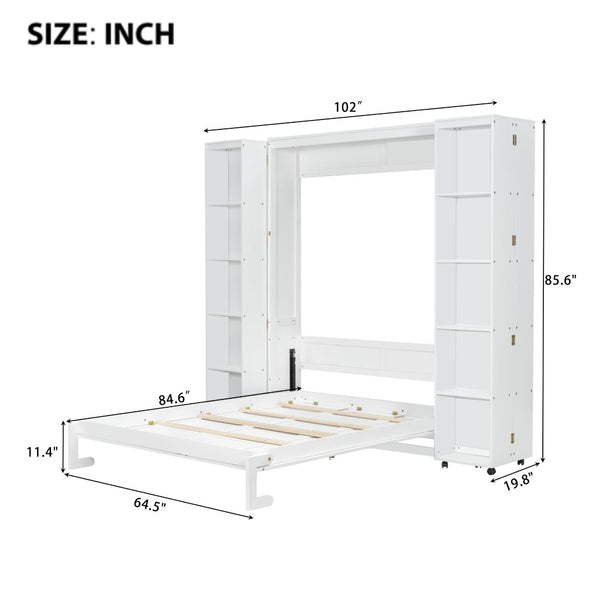 English Elm Queen Murphy Wall Bed with Hydraulic Lift and Push Pull Cabinet Storage Unit White LP000381AAK