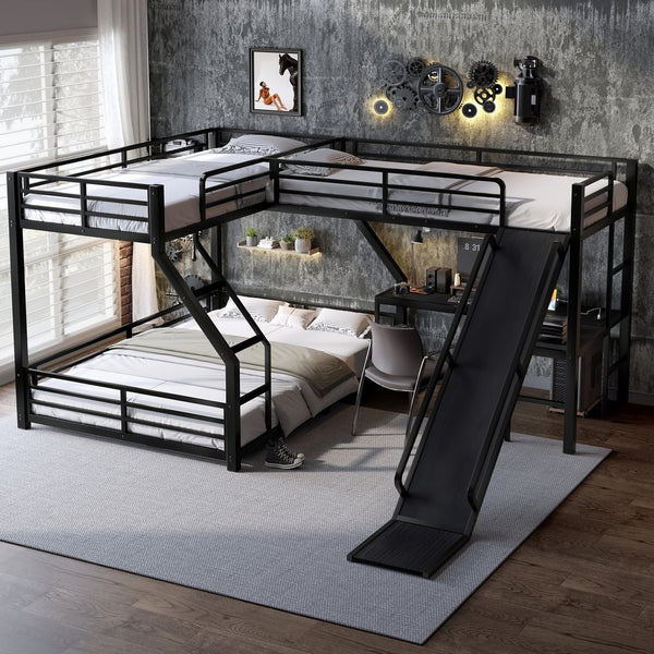 English Elm L-Shaped Triple Bunk Bed With Slide & Usb Ports - Space-Saving Metal Design For Modern Families W1580S00276