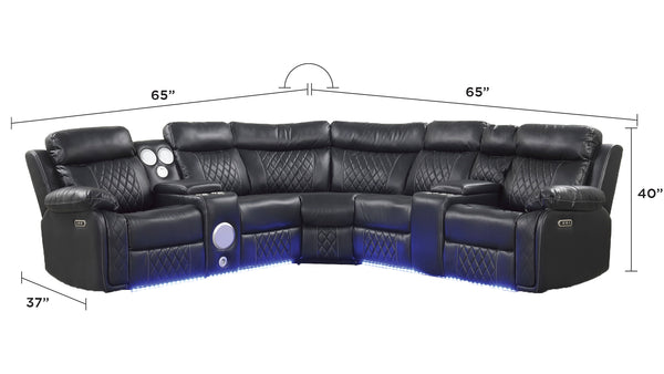 English Elm Lacrosse Power Reclining Sectional with Bluetooth Speakers, USB Ports, LED Lighting and Console Storage Black B009S01923