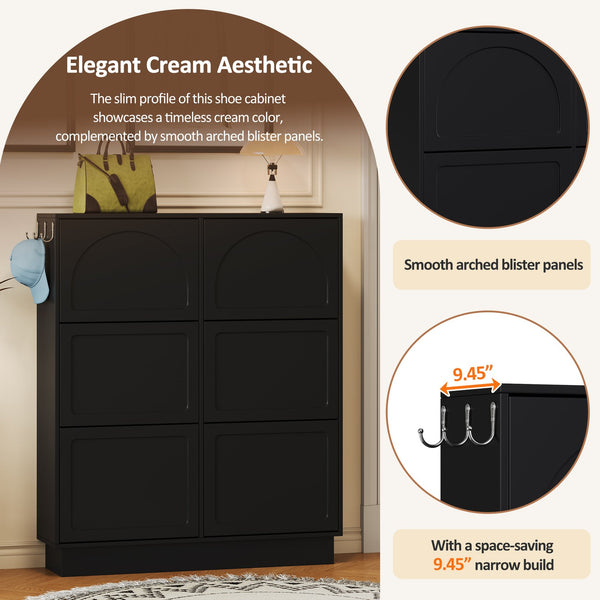 English Elm Modern Narrow Tipping Shoe Cabinet with 6 Flip Drawers, Slim 9.45" Space-Saving Cream Organizer with Hooks and Adjustable Shelves for Entryway (Fits 12–24 Pairs) Black N721P288699B