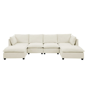 English Elm Comfy Cloud Sectional Chenille Deep Seat Sofa with Ottomans for Living Room Lounging Beige W1117S00283
