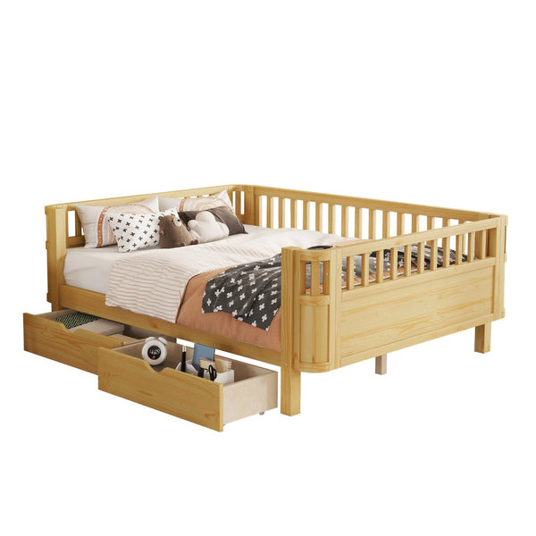 English Elm Twin Kids Platform Bed Solid Pine White Finish with Storage Drawers and Safety Rails Natural W2593P409119