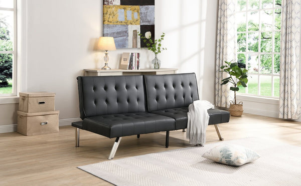 English Elm Wood Frame Futon Sofa Bed With Stainless Steel Legs - Versatile Black Pvc Design For Any Space W2297P247530-GIGA
