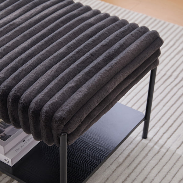 English Elm 30.7"Wide Plush Upholstered Ottoman Coffee Table with Open Wooden Shelf, Faux Fur Seat & Metal Legs Charcoal W3098P296970