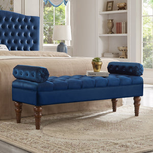 English Elm Velvet Tufted Bench with Round Bolster Armrest and Solid Wood Spindle Legs for Elegant Seating (52") Navy W2186P253251