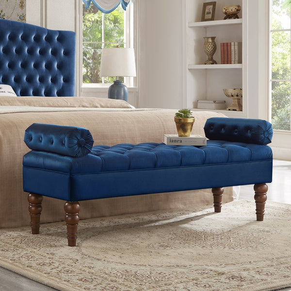 English Elm Velvet Tufted Bench with Round Bolster Armrest and Solid Wood Spindle Legs for Elegant Seating (52") Navy W2186P253251