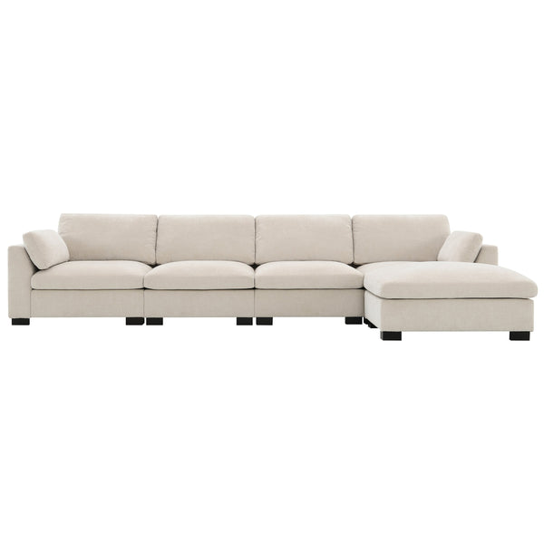 English Elm 130" Modular Sectional Sofa with Folding Table, Dual USB Charging, Hidden Side Pockets, Chenille Comfort Beige N723S9710A