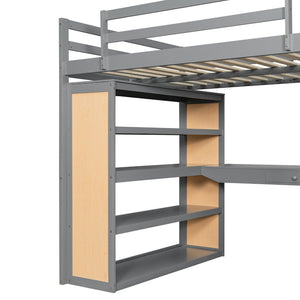 English Elm Full Size Loft Bed with Desk Shelves Writeable Board Pine Frame Gray Finish LT100226AAE-1