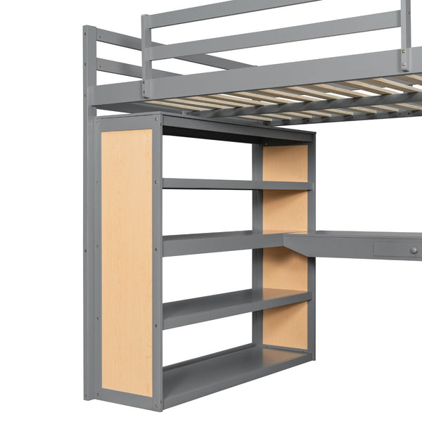 English Elm Full Size Loft Bed with Desk Shelves Writeable Board Pine Frame Gray Finish LT100226AAE-1