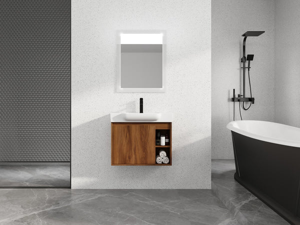 English Elm 28'' 28" Wall-Mounted Bathroom Vanity with White Ceramic Sink, Soft-Close Door, Open Shelves, KD-Pack W999P263409