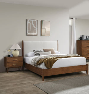 English Elm Walnut 3-Piece Bedroom Set – Eastern King Bed & 2 Nightstands, Beige Upholstered Mid-Century Elegance B2741S00465-GIGA