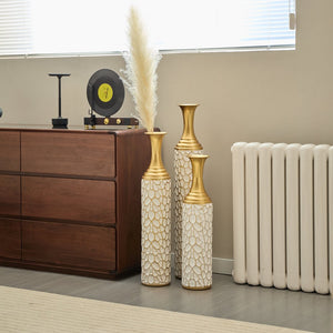 English Elm Floor Modern Metal Vase Set Of 3 – Luxe White With Gold Accents For Stylish Home Décor & Elegance W2796P255600