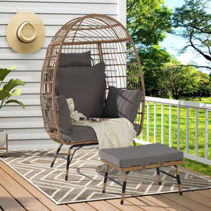 English Elm Wicker Oversized Egg Chair with Ottoman and 3.2" Thick Cushions, Handwoven PE Rattan, Weatherproof Comfort Dark Gray W874P264671