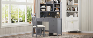 English Elm Vintage 40'' Home Executive Desk Set with Upholstered Chair and Built-In Bookshelf for Stylish Productivity Gray 44 L x 23 W x 13.5 H N733P272894E