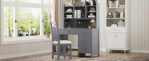 English Elm Vintage 40'' Home Executive Desk Set with Upholstered Chair and Built-In Bookshelf for Stylish Productivity Gray 44 L x 23 W x 13.5 H N733P272894E