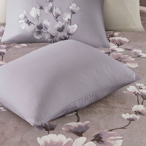 JLA Home N Natori - 3 Sakura Blossom Cotton Sateen Duvet Cover Set — Lilac Cherry Blossom Print, Embroidered Shams, OEKO-TEX 96 L x 92 W x 0.13H NS12-3257