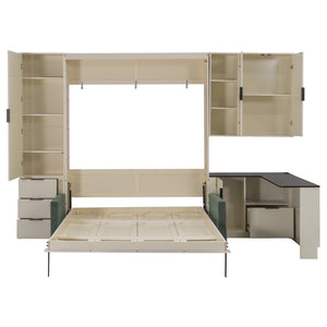 English Elm Queen Murphy Wall Bed Hydraulic Lift Velvet Sofa Built-in Shelves Led Studio Unit Cream LP000392AAA