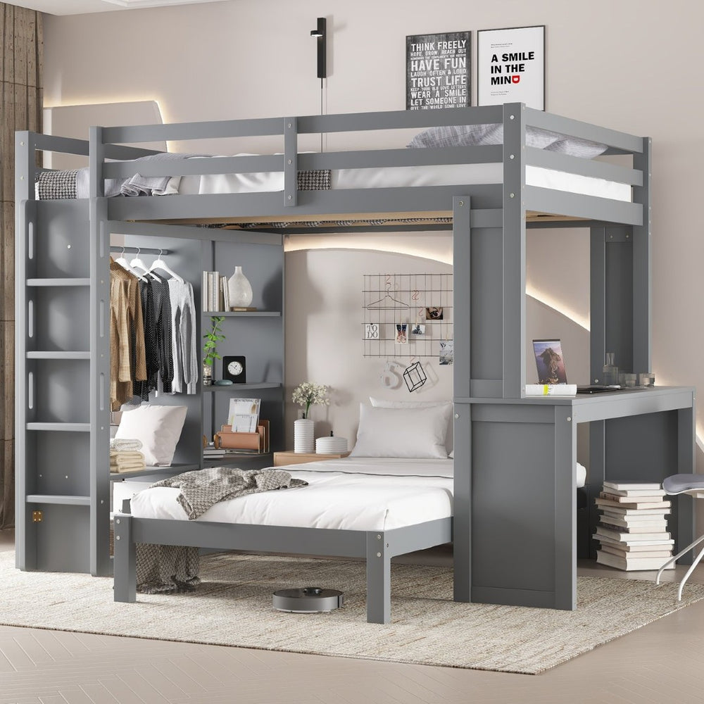 English Elm Queen Solid Wood Bunk Bed With Dismountable Twin, Desk, Shelves & Wardrobe - Modern Grey Design W1580S00215-GIGA