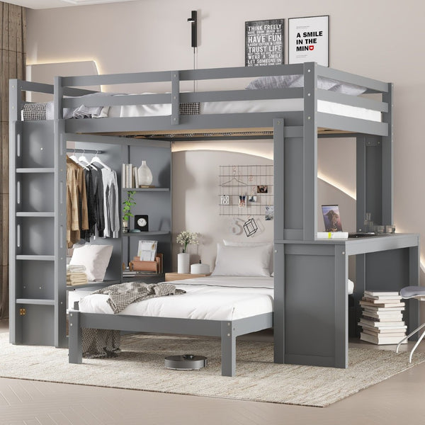 English Elm Queen Solid Wood Bunk Bed With Dismountable Twin, Desk, Shelves & Wardrobe - Modern Grey Design W1580S00215-GIGA