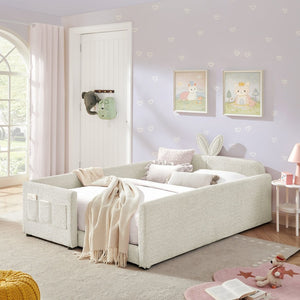 English Elm Full Size Boucle Platform Bed Whimsical Rabbit Ear Headboard with Safety Rail Beige W1413S00135