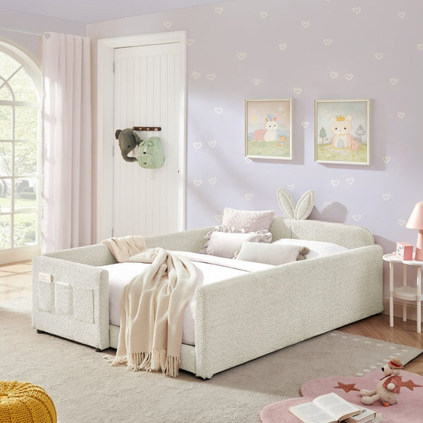 English Elm Full Size Boucle Platform Bed Whimsical Rabbit Ear Headboard with Safety Rail Beige W1413S00135