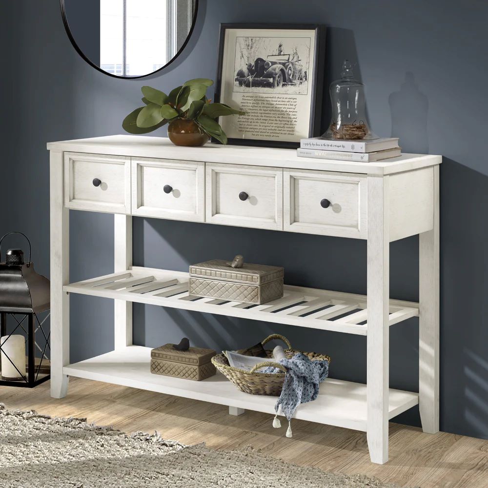 English Elm Walker Edison - Modern Farmhouse 2-Drawer Solid Wood Buffet in White with Wine Shelf, Open Storage & Rustic Charm B185P244101