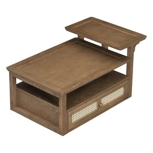 English Elm VIBE Rustic Rattan Coffee Table with 2 Tabletops, Adjustable Shelf and Spacious Drawer for Living Room Dark Brown N724P232190D
