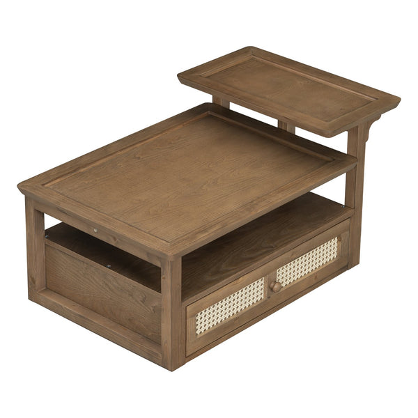 English Elm VIBE Rustic Rattan Coffee Table with 2 Tabletops, Adjustable Shelf and Spacious Drawer for Living Room Dark Brown N724P232190D