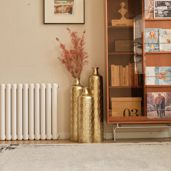 English Elm Floor Metal Vases Set Of 3 - Elegant Tall Decor With White And Gold Accents For Modern Interiors W2796P237520