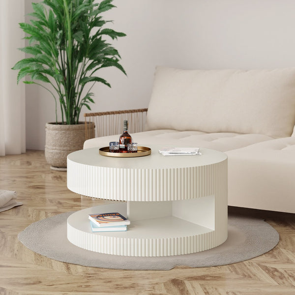 English Elm 31.5'' Round Coffee Table with Hidden Storage and Vertical Stripe Accent, Modern Durable MDF Design White W757P206006