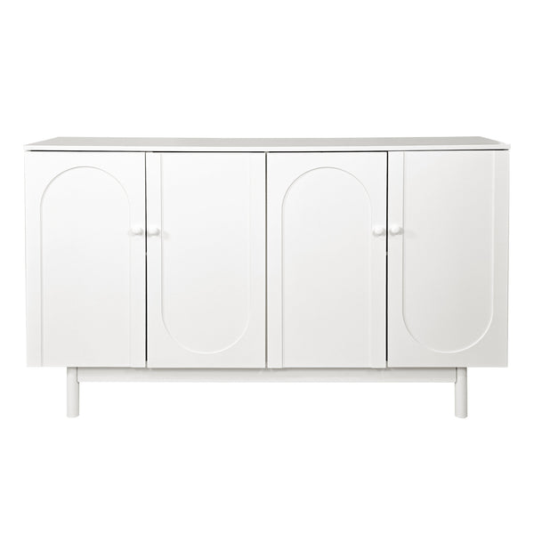English Elm Stylish 4-Door Intaglio Storage Cabinet with Pine Legs and Solid Wood Pulls, Mid-Century Modern Console White W757P151917