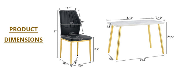 English Elm Table and Chair Set Marble Glass Top Gold Legs Modern 5 Piece Dining for Small Spaces White+Gold W1151S04636