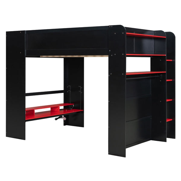 English Elm Full Size Gaming Bunk Bed with Rgb Lighting Integrated Desk Wardrobe and Storage Red LT100266AAR
