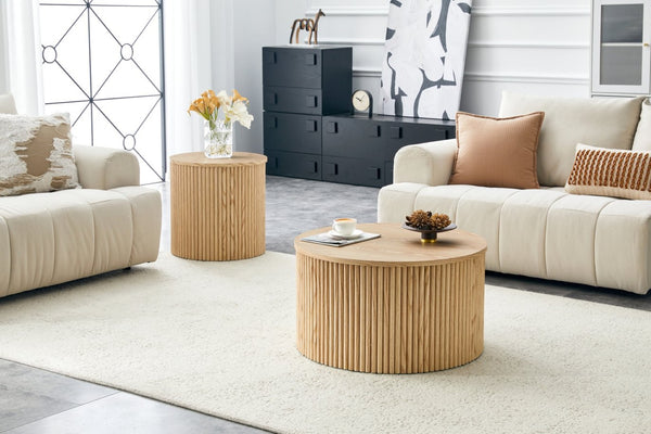 English Elm 2-piece Round Nesting Tables with Fluted Column Base Hidden Storage Oak Grain Finish Wood W3875P396797