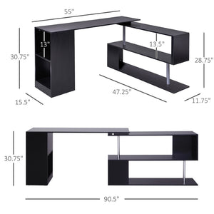 English Elm Modern L-shaped Corner Desk with Convertible Layout and Built-in Tiered Bookshelf T3971P408560
