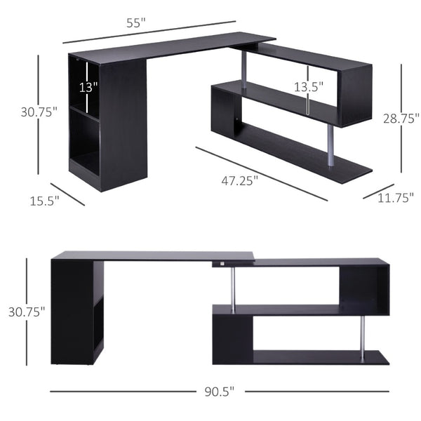 English Elm Modern L-shaped Corner Desk with Convertible Layout and Built-in Tiered Bookshelf T3971P408560