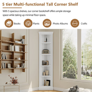 English Elm 83.4"Tall 5 Tier Corner Bookcase, Modern White Triangle Shelf Unit with Adjustable Shelves, Solid Wood Frame, Space-Saving Display for Living Room N751P191709K