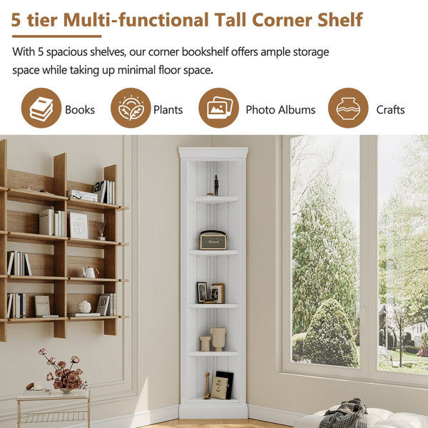 English Elm 83.4"Tall 5 Tier Corner Bookcase, Modern White Triangle Shelf Unit with Adjustable Shelves, Solid Wood Frame, Space-Saving Display for Living Room N751P191709K