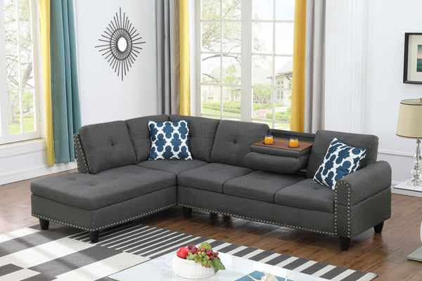 English Elm Black Faux Leather L Shaped Sectional with Cup Holders Nailhead Trim Storage Dark Gray B2730S00032