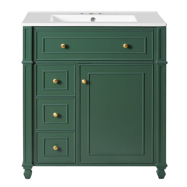 English Elm Bathroom Vanity with Sink French-Inspired 30" Ceramic Basin Vanity Cabinet with Soft-Close Doors & Drawer Organizer Green N710P286723F