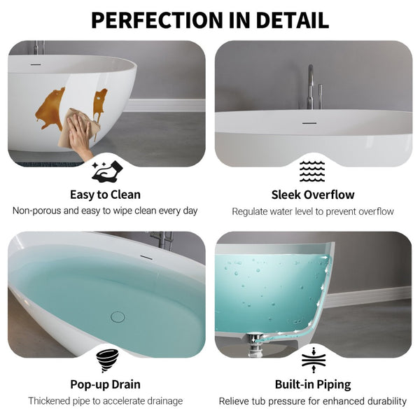English Elm 59" Stone Resin Freestanding Soaking Tub Spa Grade Oval Design for Modern Baths Glossy White W1920P410046