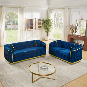 English Elm 2 Piece Velvet Chesterfield Sofa Set with Gold Steel Trim Button Tufted Living Room Couch Navy Blue W1191S00101