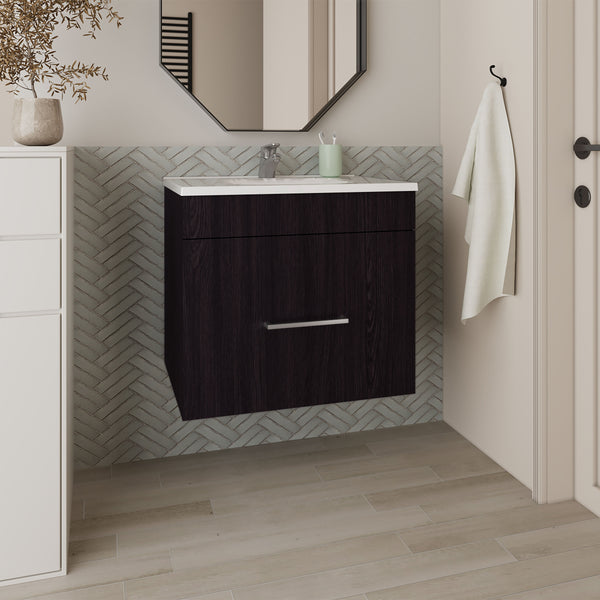 English Elm Bathroom Vanity with Sink Engineered Wood, Single Drawer Storage, Compact Modern Minimalist Design Black 28.35 L x 23.23 W x 11.81 H B097P350323