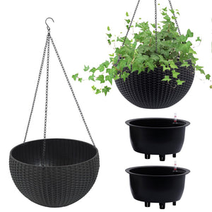 English Elm 13.4 Inch Rattan Texture Self Watering Hanging Planter with Reservoir for Balcony Black W3213P383075