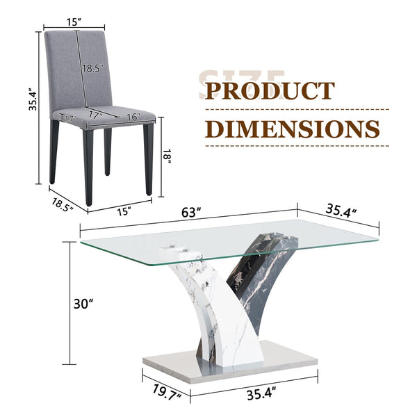 English Elm Table And Chair Set - Modern Glass Dining Table With 6 Light Gray Linen-Cotton Chairs For Comfort W1151S03807-GIGA