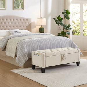 English Elm Ottoman Storage Bench Tufted Linen Upholstered Entryway Seat with Lift Top Shelf Beige W2186P465442